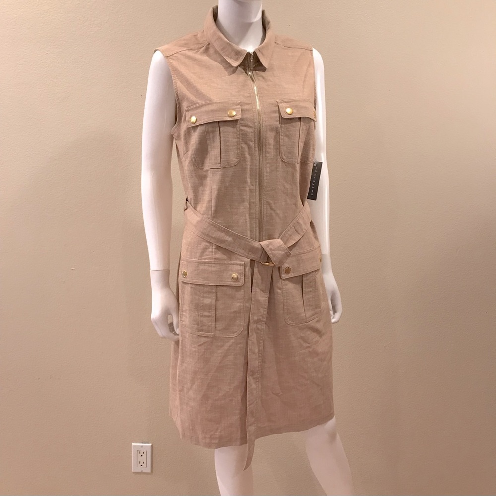 Sharagano Tan Safari Dress NEW Women Size 14 Sleeveless Mid Length Cargo Pockets